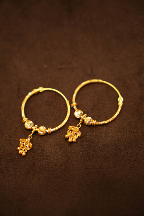 22K Gold Swirl Bead Flower Charm Hoop Earrings