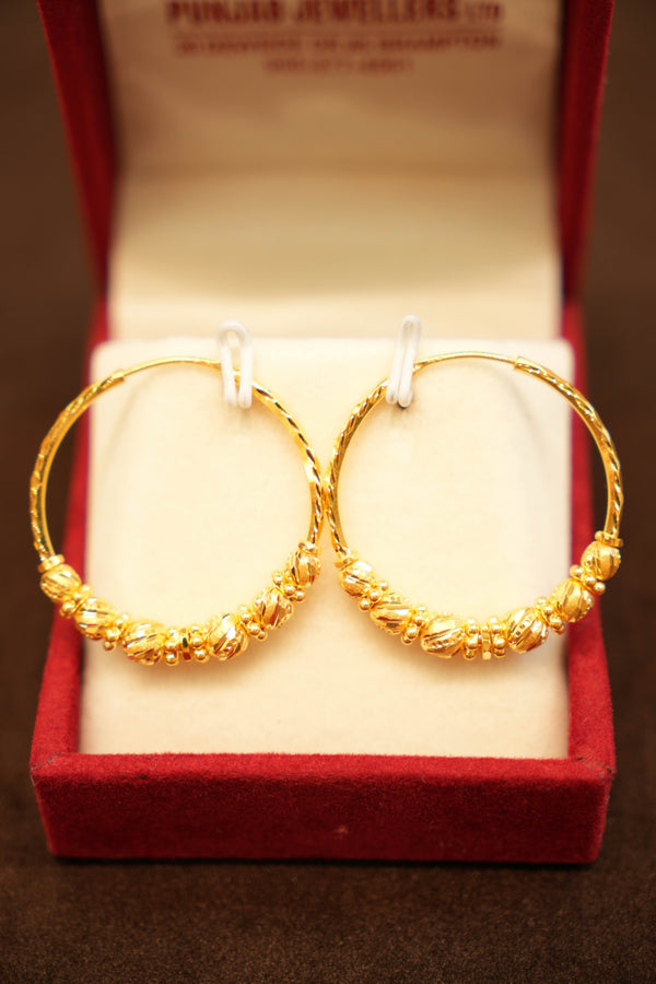 22K Gold Designer Swirl Bead Hoop Earrings