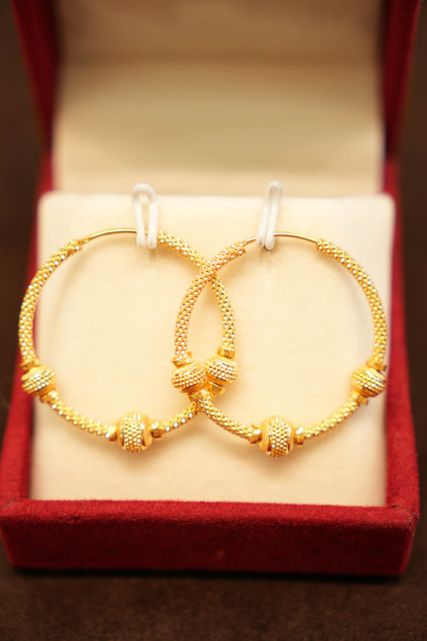 22K Gold Designer Sandblast Triple Bead Hoop Earrings