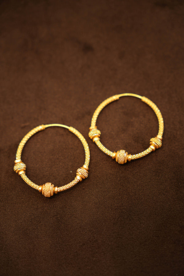 22K Gold Designer Sandblast Triple Bead Hoop Earrings