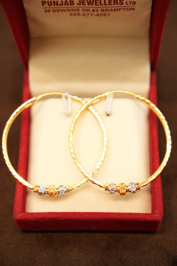 22K Gold Two-tone Designer Triple Bead Hoop Earrings