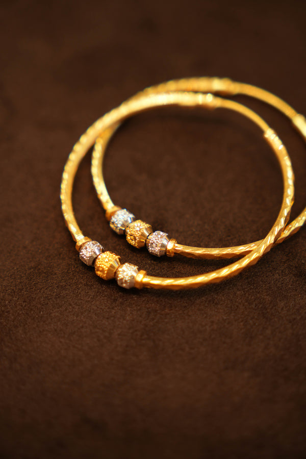 22K Gold Two-tone Designer Triple Bead Hoop Earrings