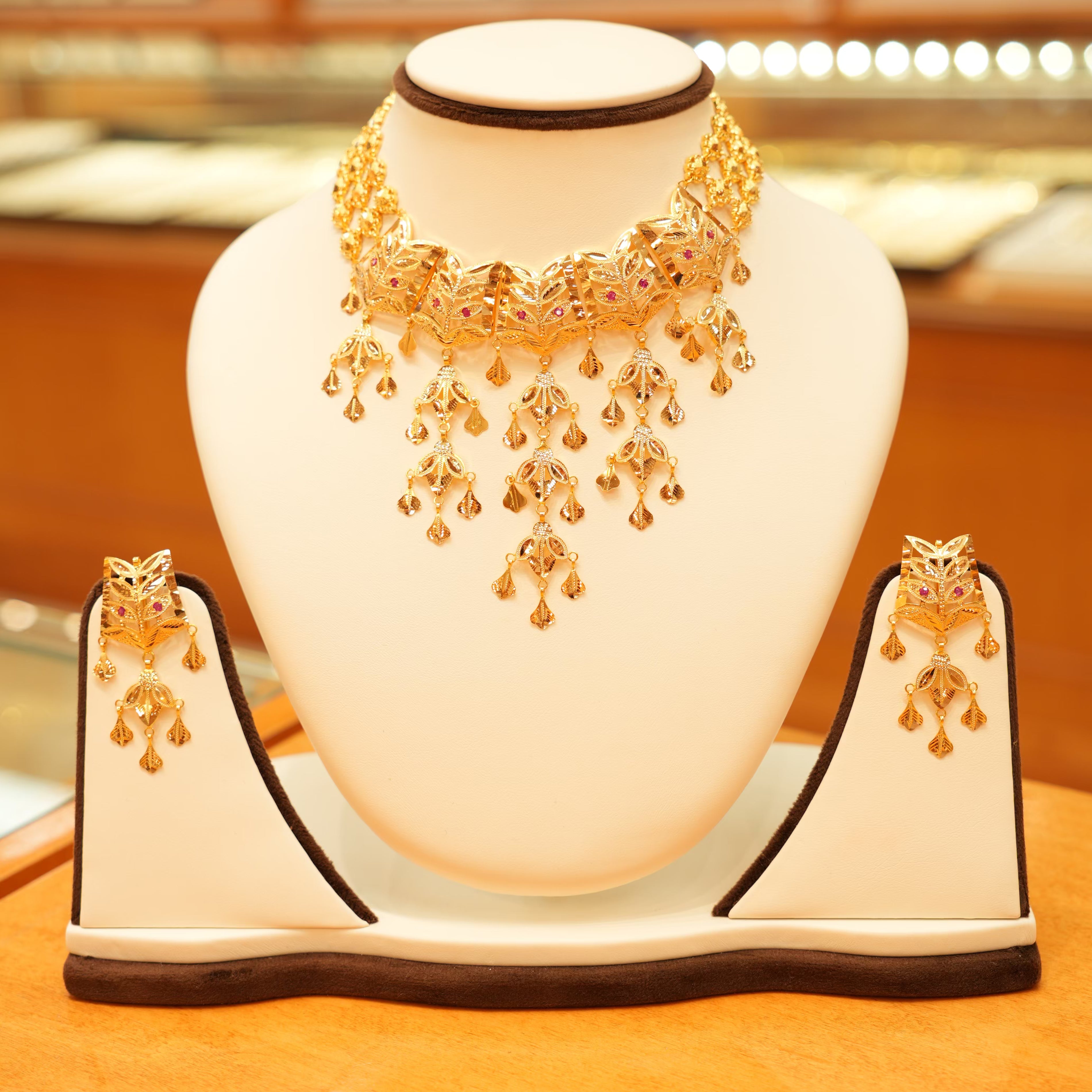 22K Gold Designer Aari Leaflet Rainfall Necklace Set with Hanging Earrings