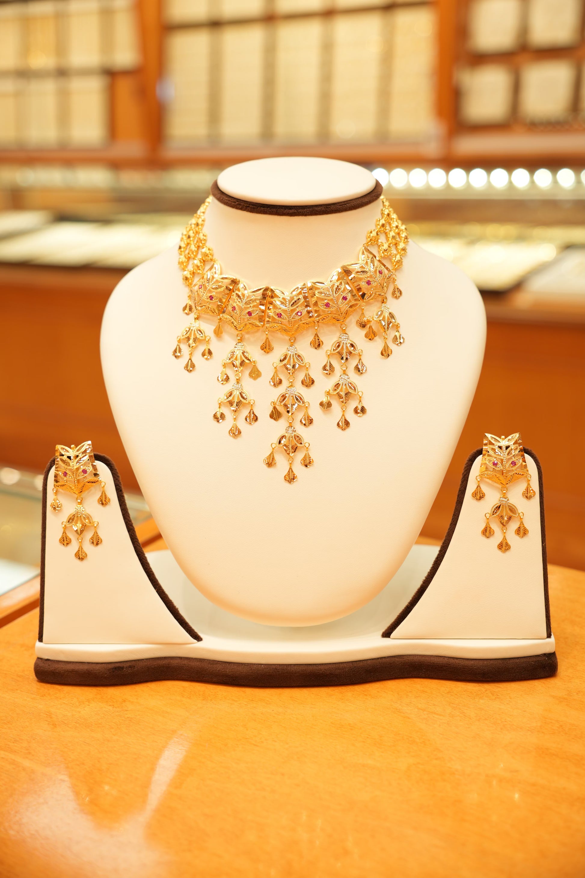 22K Gold Designer Aari Leaflet Rainfall Necklace Set with Hanging Earrings