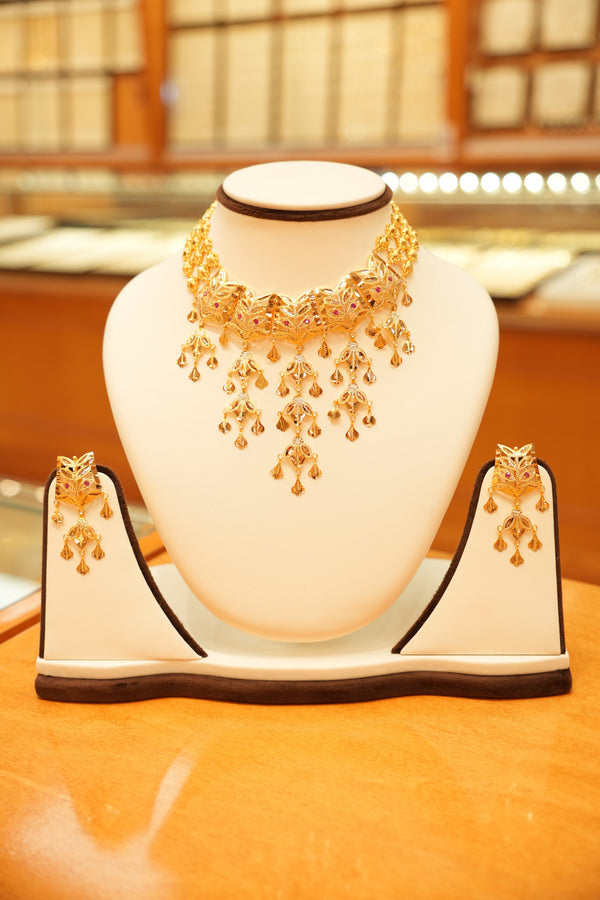 22K Gold Designer Aari Leaflet Rainfall Necklace Set with Hanging Earrings