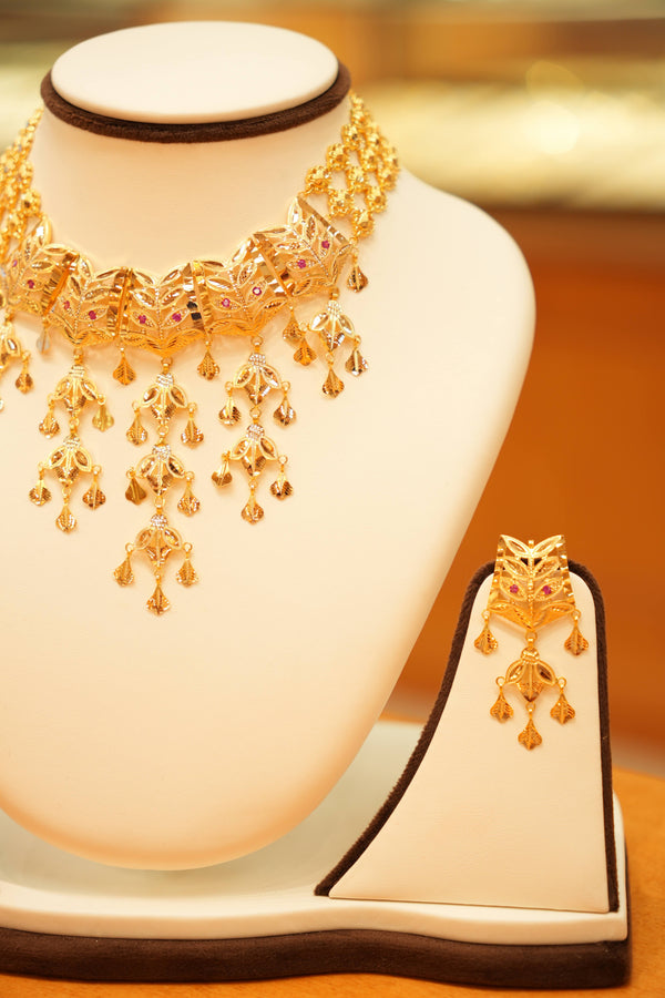 22K Gold Designer Aari Leaflet Rainfall Necklace Set with Hanging Earrings