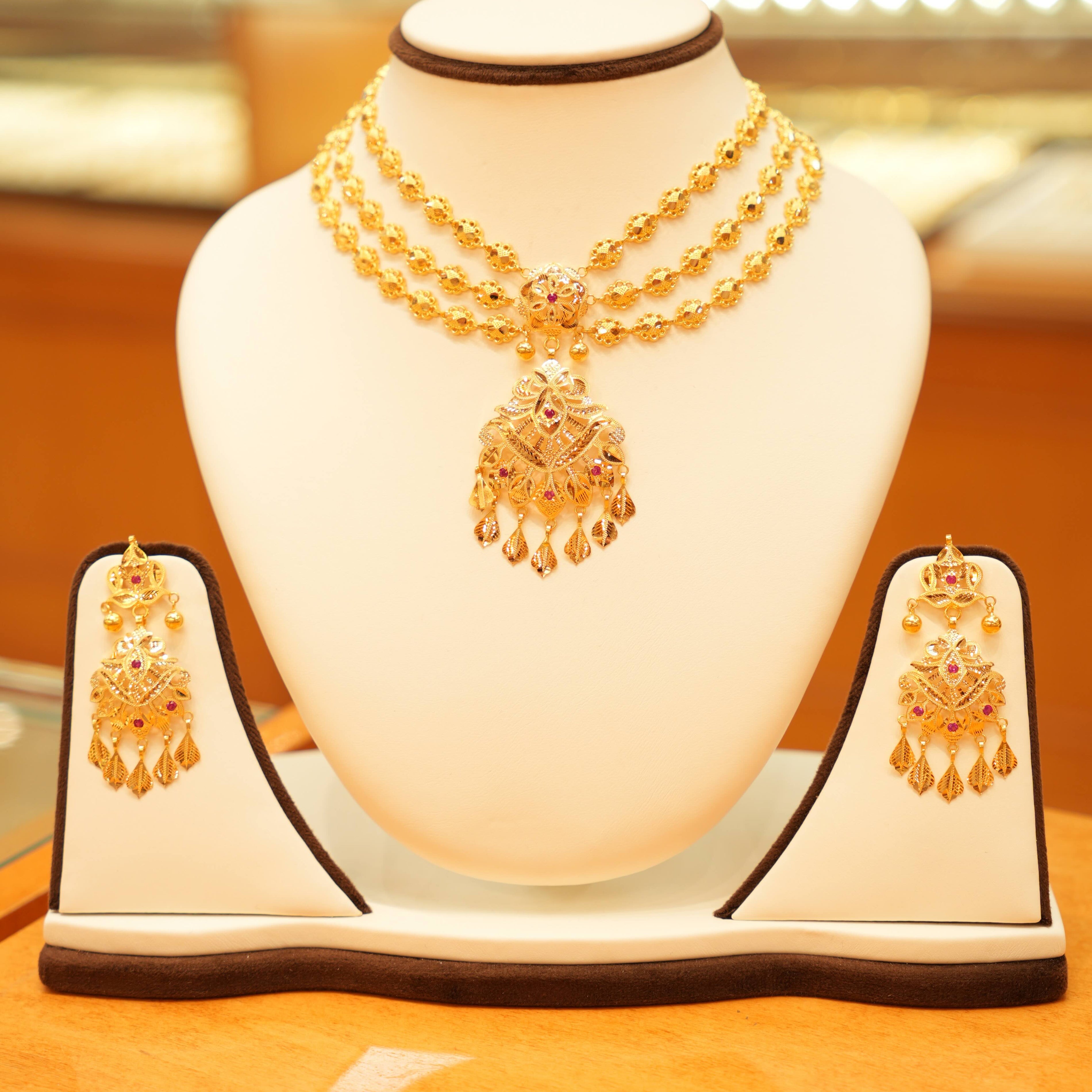 22K Gold Designer Aari Triple String Necklace Set with Hanging Earrings