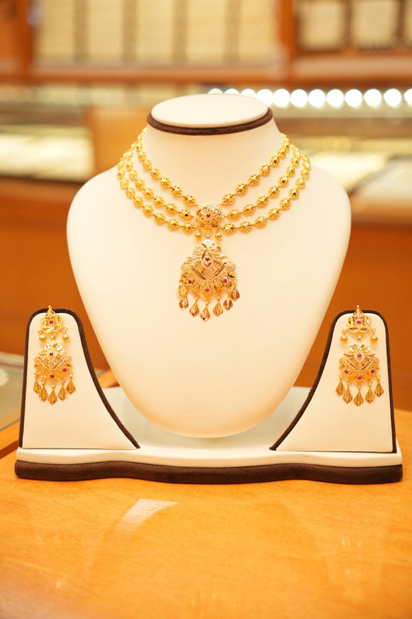22K Gold Designer Aari Triple String Necklace Set with Hanging Earrings
