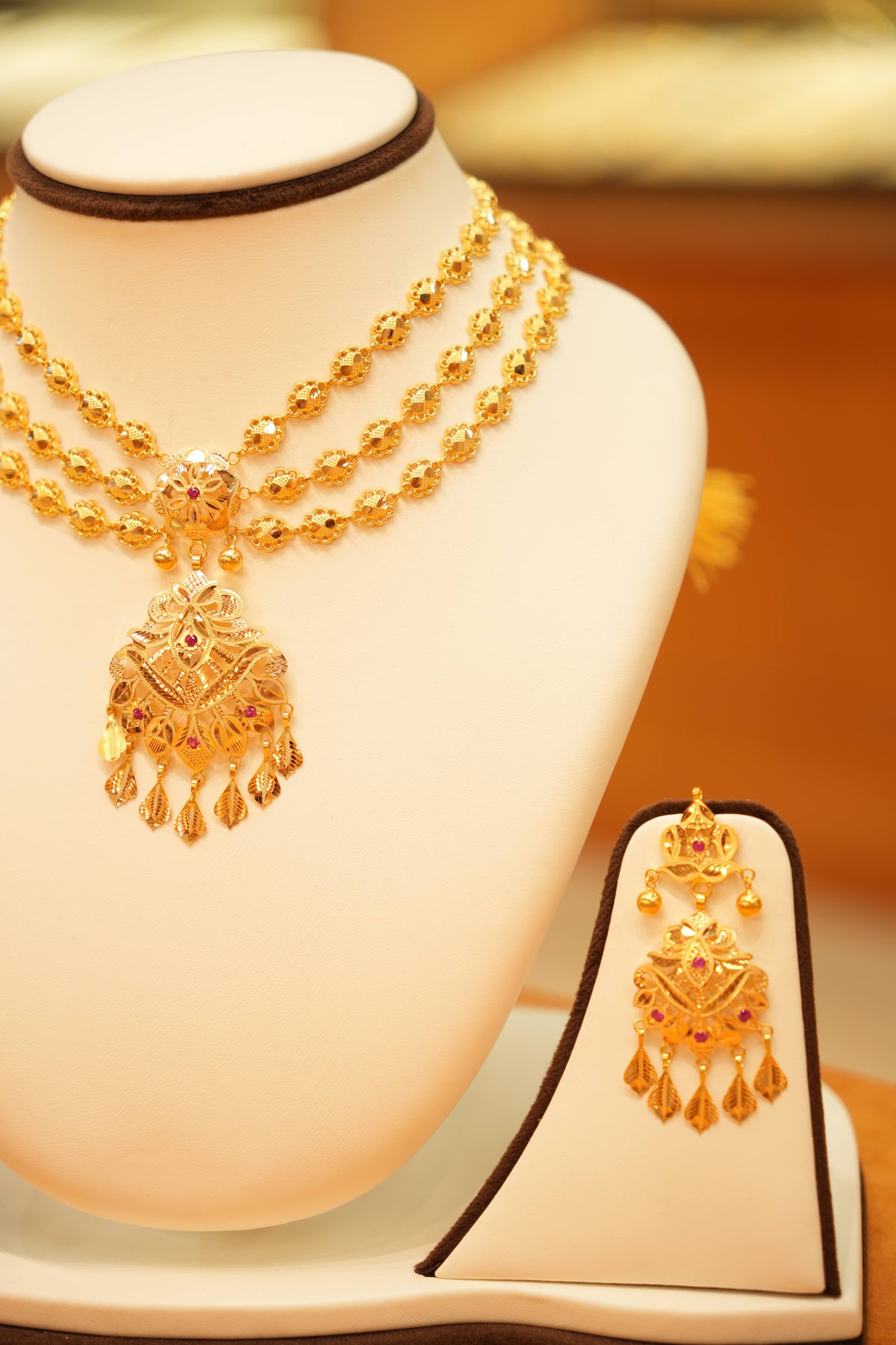 22K Gold Designer Aari Triple String Necklace Set with Hanging Earrings