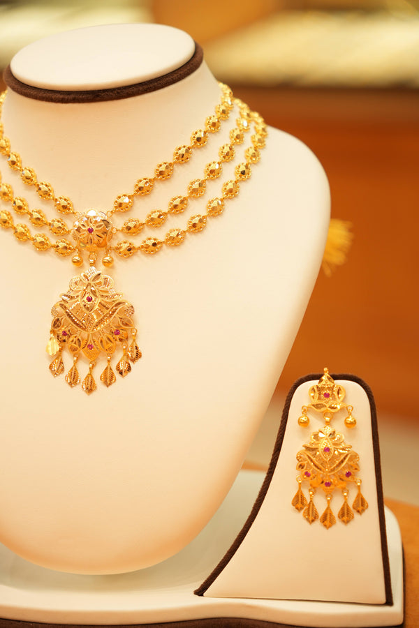 22K Gold Designer Aari Triple String Necklace Set with Hanging Earrings