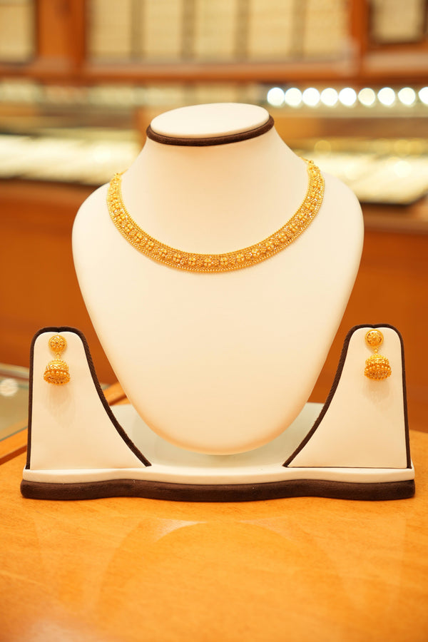 22K Gold Designer Floral Necklace Set with Jhumka Earrings
