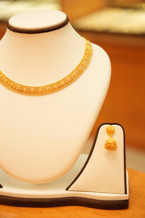 22K Gold Designer Floral Necklace Set with Jhumka Earrings