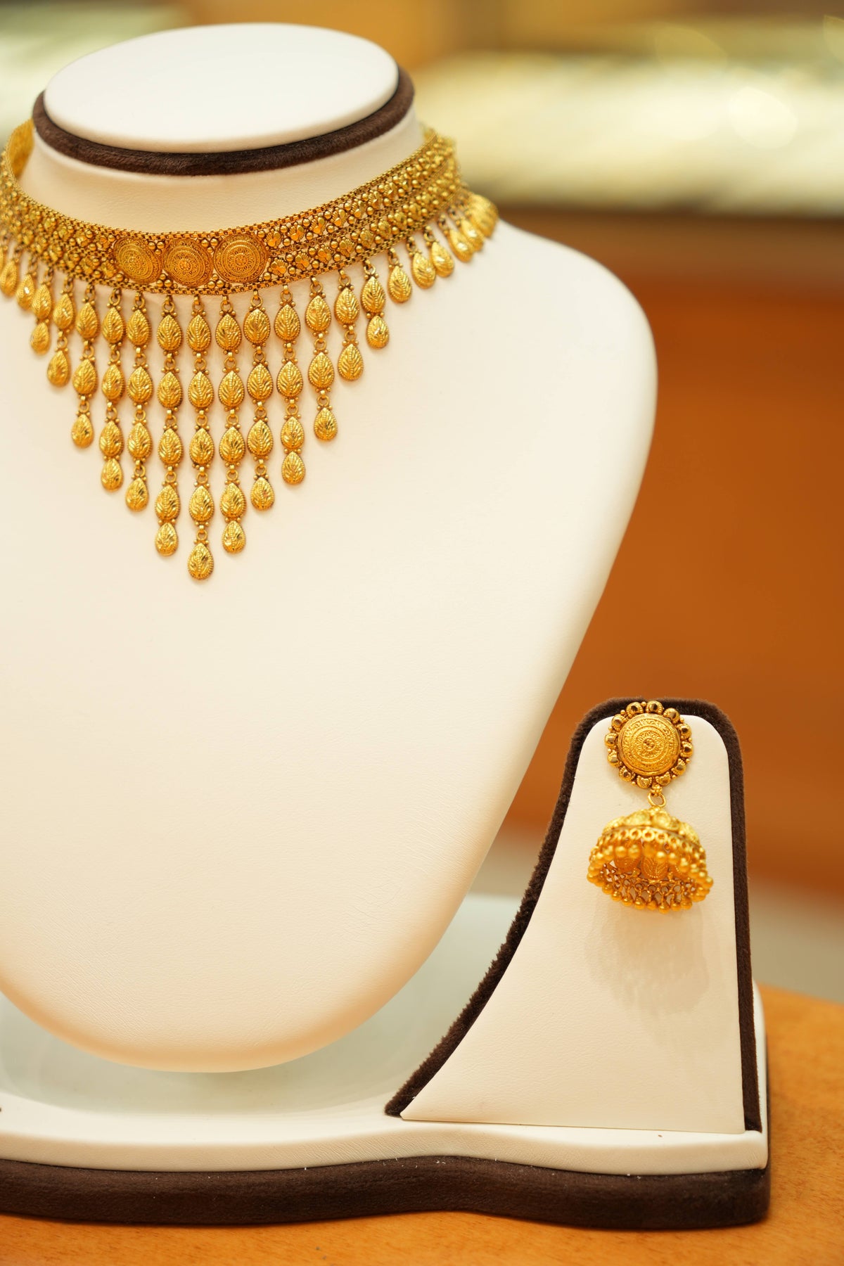 22K Gold Designer Antique Rainfall Choker Set with Jhumka Earrings