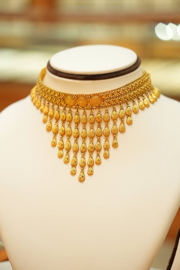 22K Gold Designer Antique Rainfall Choker Set with Jhumka Earrings