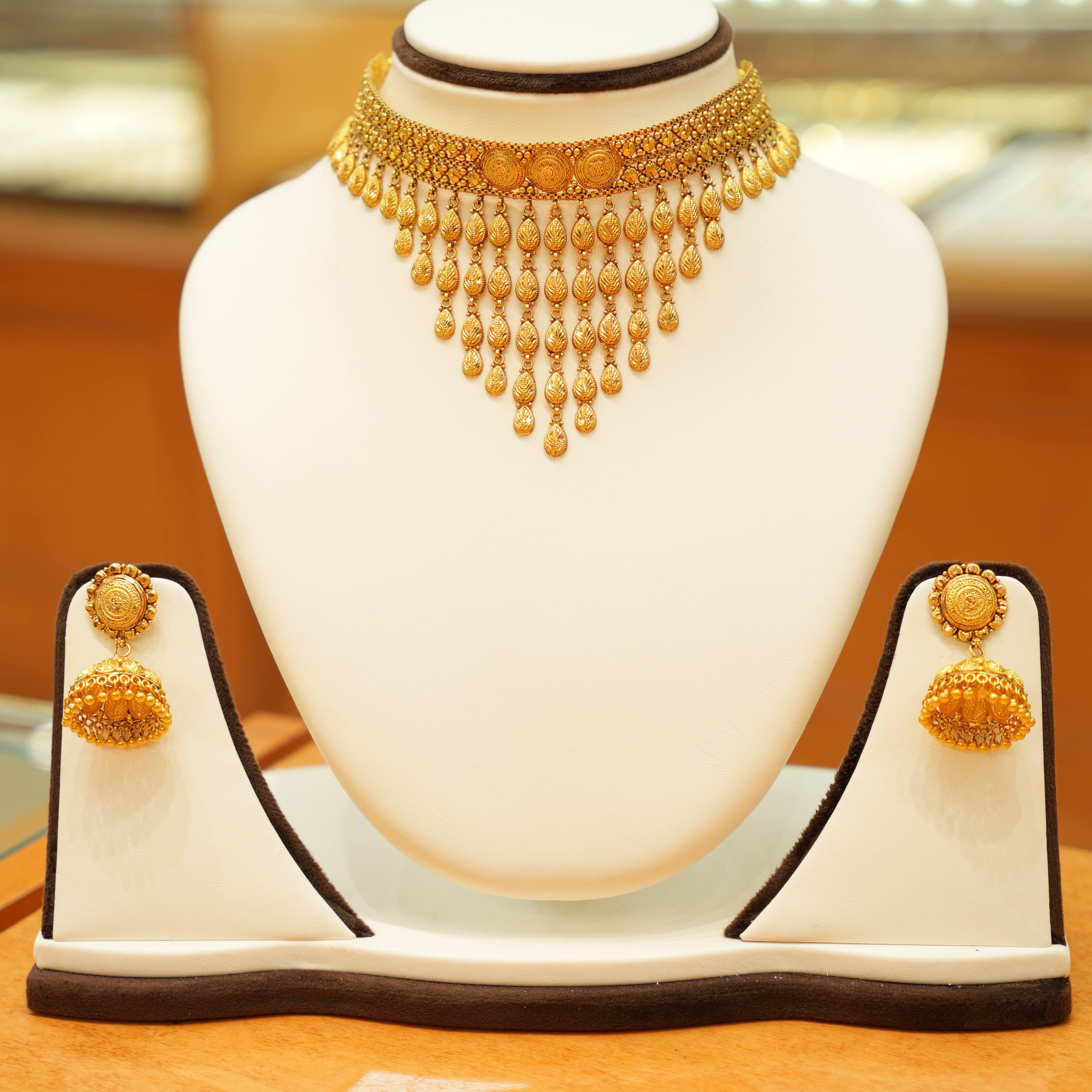 22K Gold Designer Antique Rainfall Choker Set with Jhumka Earrings
