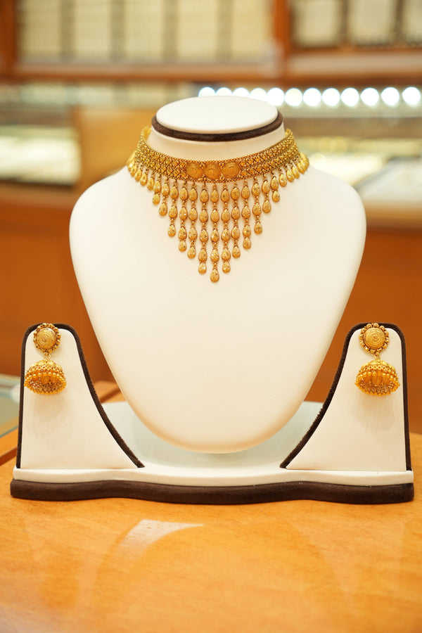 22K Gold Designer Antique Rainfall Choker Set with Jhumka Earrings