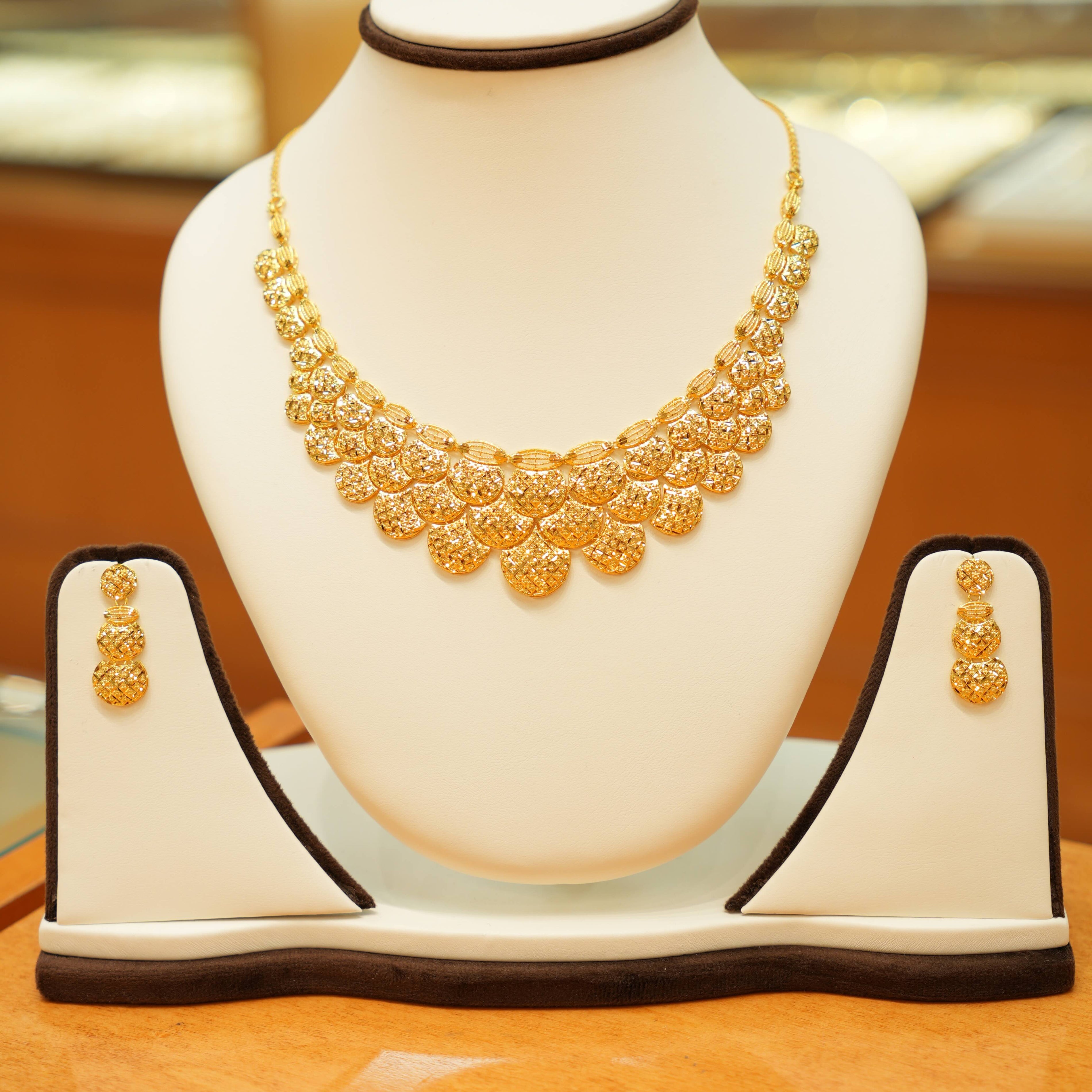 22K Gold Modern Turkish Necklace Set with Dangling Earrings