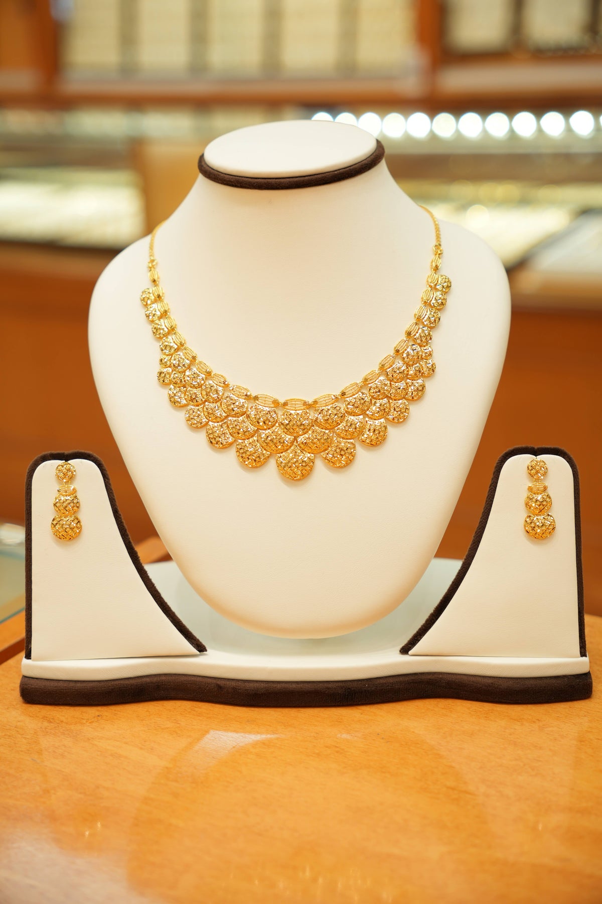 22K Gold Modern Turkish Necklace Set with Dangling Earrings