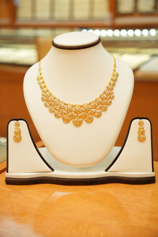 22K Gold Modern Turkish Necklace Set with Dangling Earrings
