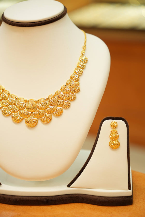 22K Gold Modern Turkish Necklace Set with Dangling Earrings