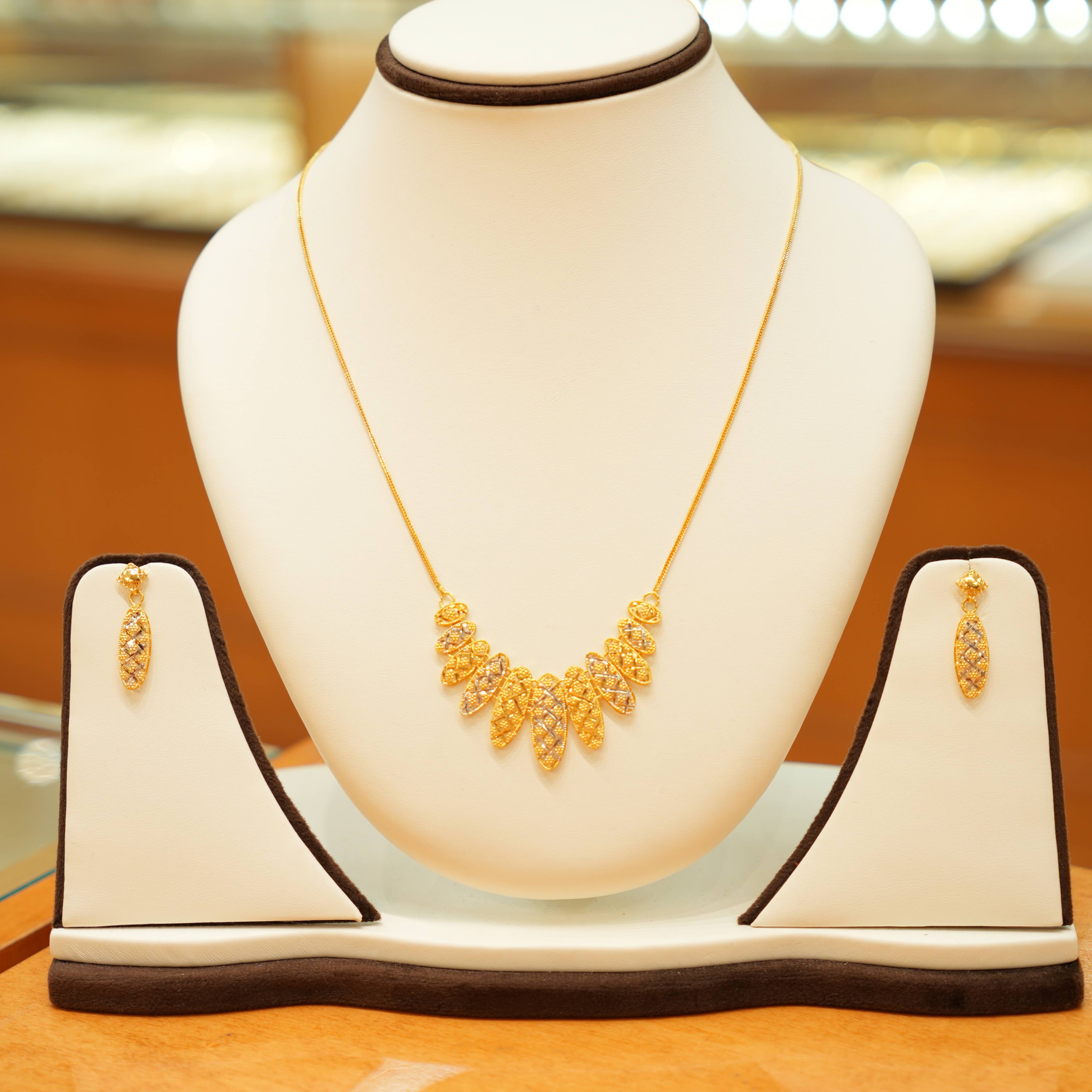 22K Gold Designer Two-tone Turkish Necklace Set with Drop Earrings