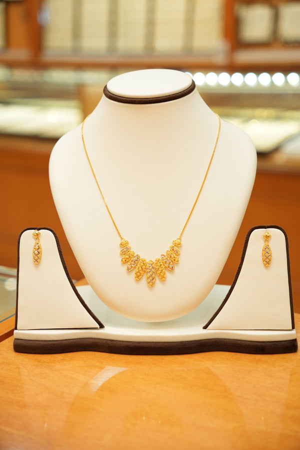 22K Gold Designer Two-tone Turkish Necklace Set with Drop Earrings