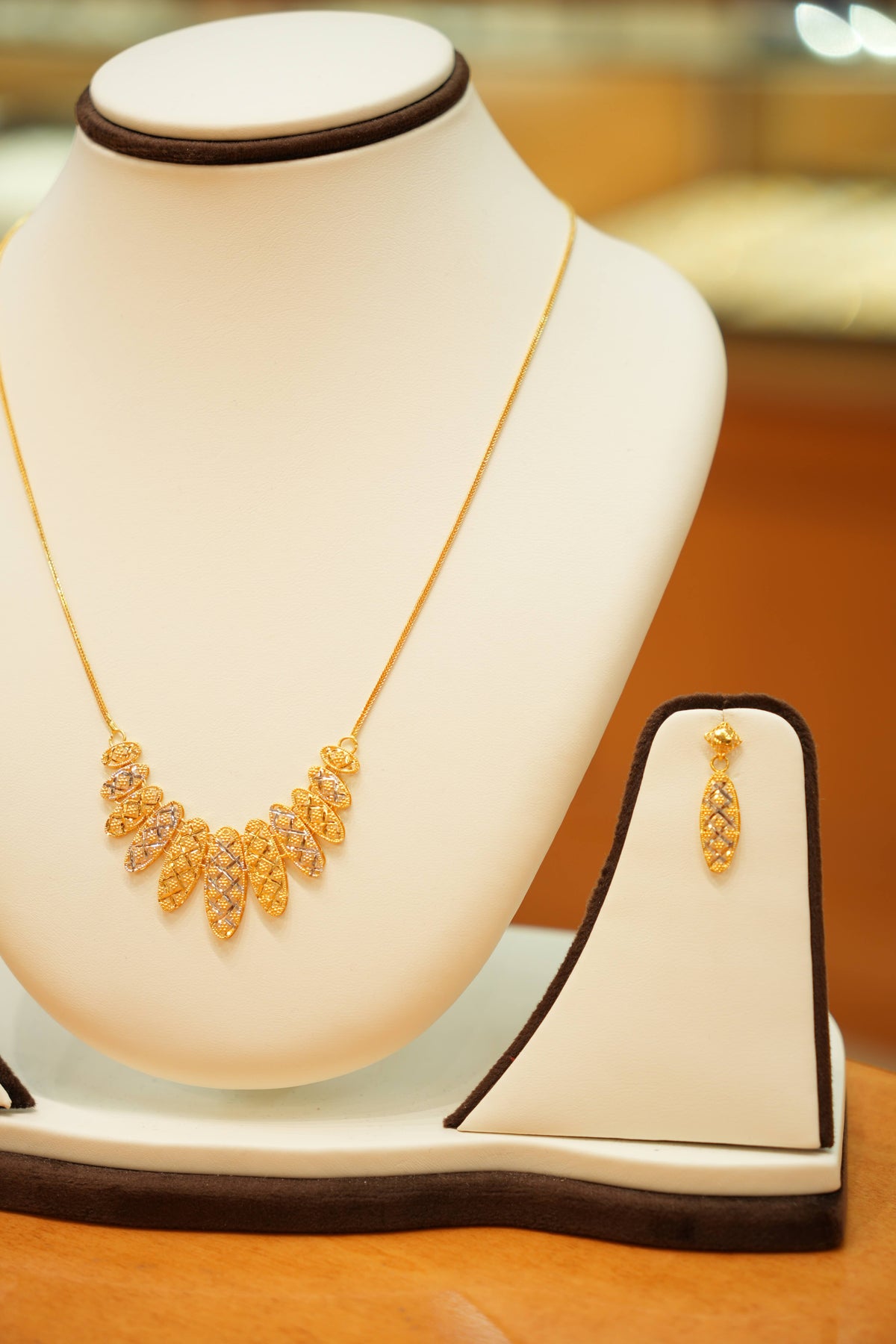 22K Gold Designer Two-tone Turkish Necklace Set with Drop Earrings